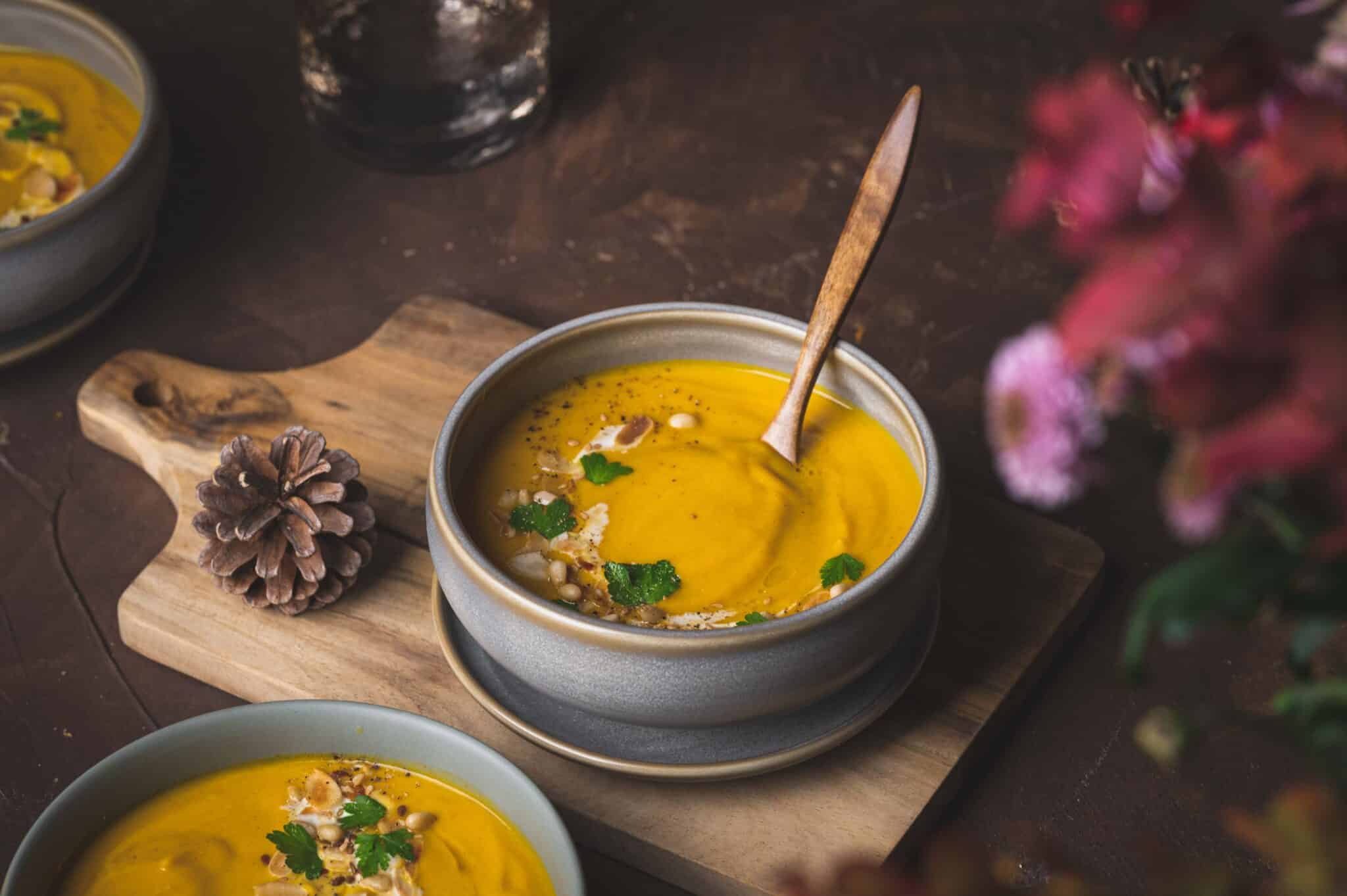 Velouté potimarron et courge butternut au lait de coco
