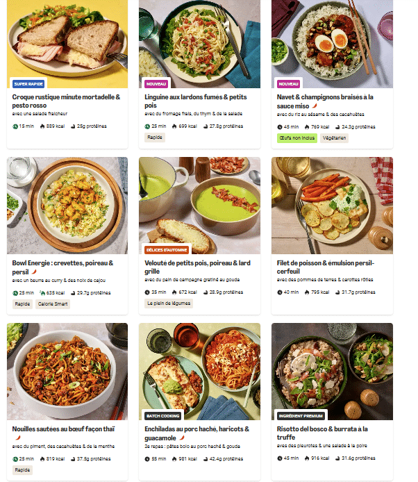 Extrait de la page choix des recettes HelloFresh
